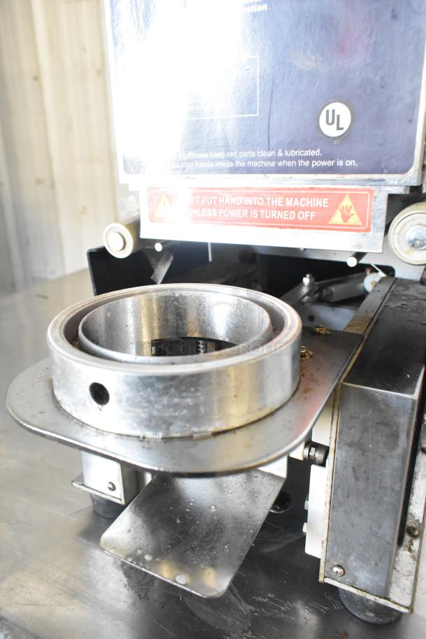 Leadway ET-99SU metal cup sealing machine, UL certified, 110/120V, 1 Phase, countertop model with caution label.