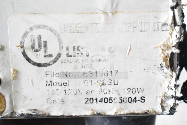 Leadway ET-99SU cup sealing machine label, shows UL listing, model ET-99SU, 110/120V, firm date 20140505004-S.