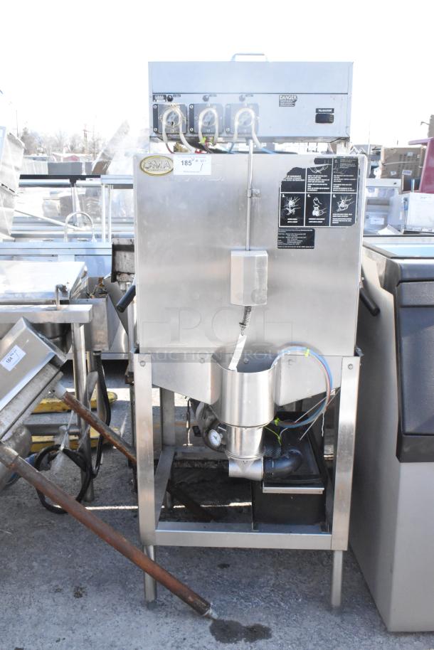 CMA AH-2 commercial floor-style dishwasher, straight pass-through model, 115V, 1 phase, visible labels and wiring, good condition.