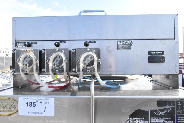 CMA AH-2 Commercial Floor Style Straight Pass Through Dishwasher, 115V, 1 Phase, piping and control labels visible, stainless steel exterior, serial No. 217782.