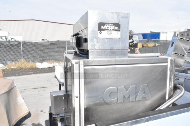 CMA AH-2 commercial pass-through dishwasher, stainless steel, visible CMA branding, 115 volts, 1 phase, outdoor setting.