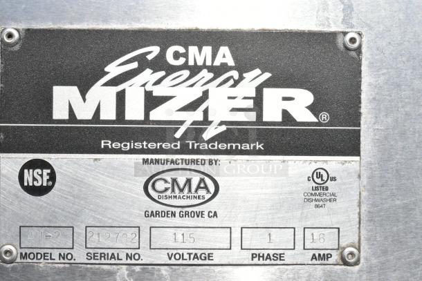 CMA AH-2 Commercial Dishwasher label, showing model, serial number, voltage, phase, and NSF certification.