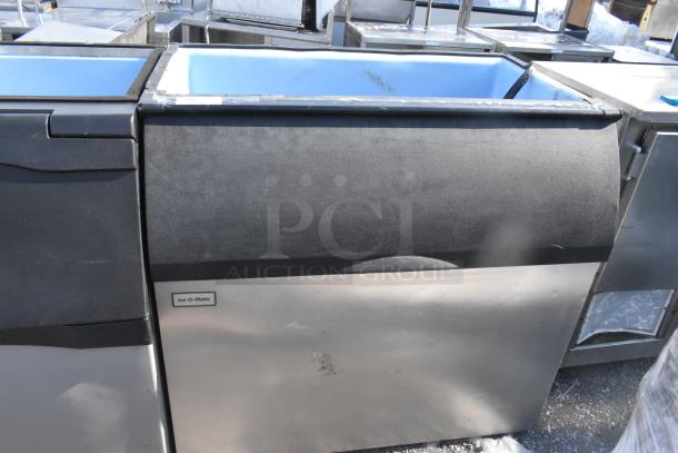Ice-O-Matic Commercial Ice Bin, stainless steel finish, black top. Visible label, in good used condition.