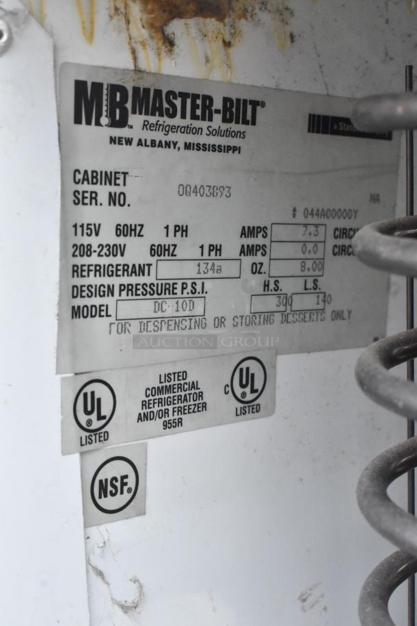 Master-Bilt DC-10D commercial chest freezer label, showing model info and UL/NSF certifications. 208-230V, 1 phase.