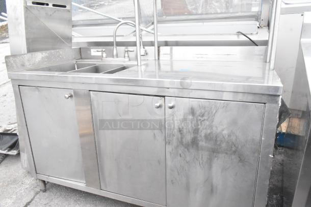 Commercial 3 bay sink with over shelf, stainless steel, three compartments, three doors, visible wear.