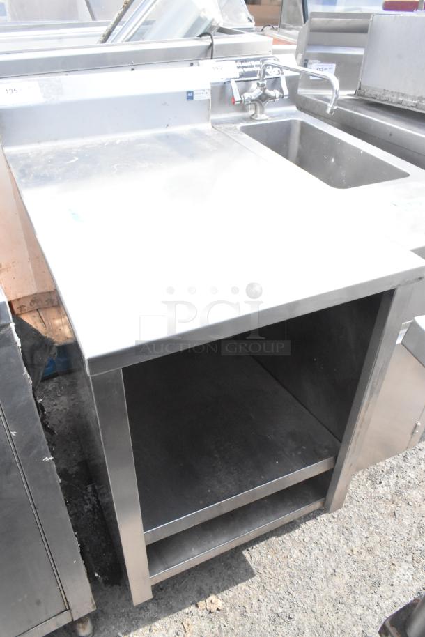 Commercial single bay sink with under shelf, stainless steel, corner faucet, good condition, integrated backsplash.