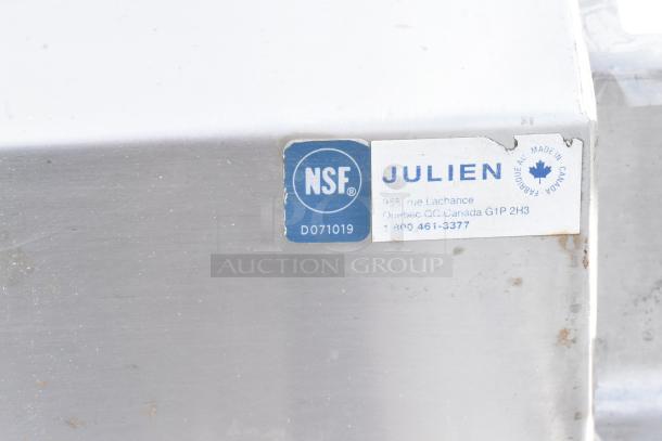 Commercial single bay sink with under shelf, NSF certified, by Julien. Made in Canada. Model D071019 visible on label.