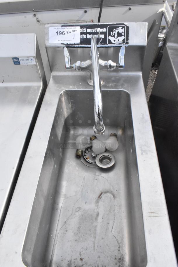 Commercial single bay sink with faucet, stainless steel, visible fixtures, lower door, moderate wear, auction tag 196.