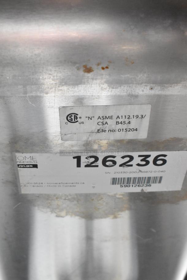 Commercial Single Bay Sink with lower door, stainless steel, CSA and ASME certified, Home Refinements by Julien, serial 126236.