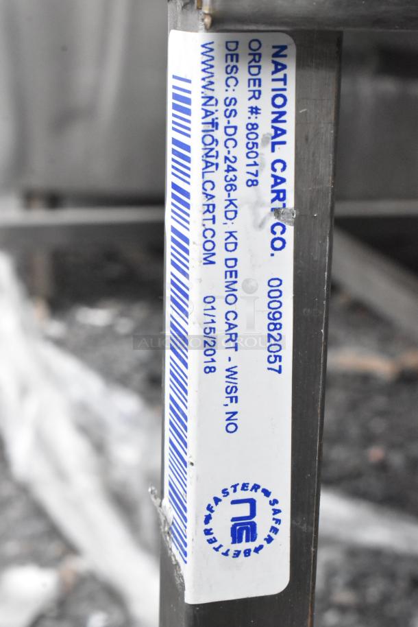 Commercial table with drawer and under shelf on casters, National Cart Co. label showing order #8050178, model SS-DC-2436-KD.