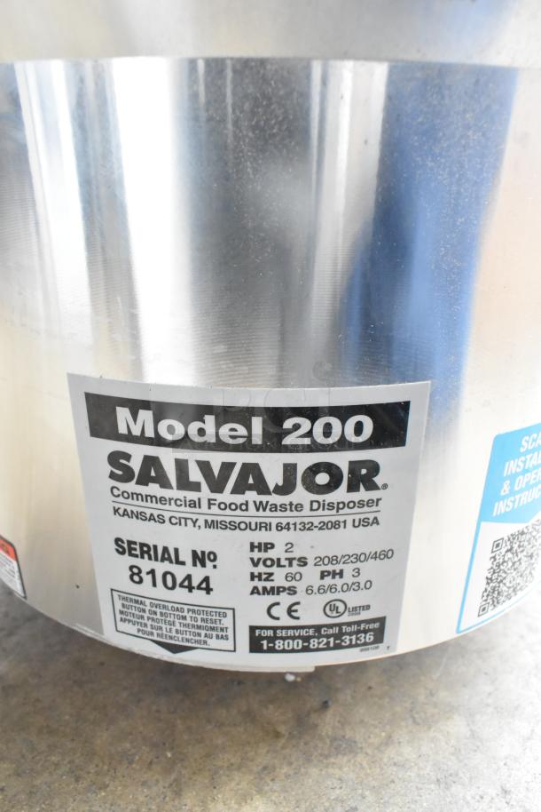 Brand new Salvajor 200 commercial garbage disposer; model 200, 208/230/460 Volts, 3 Phase, 2 HP. Serial 81044. Scratch and dent condition.