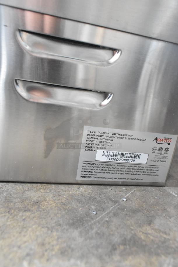 Brand new Avantco 177EG30N 30" electric countertop griddle, 208/240V, 1 phase. Scratch and dent condition. Label shows specs.