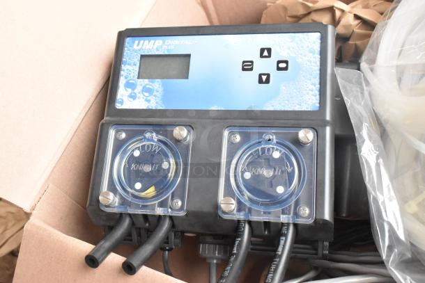 Brand new 2023 Knight UMP-300L warewash dispenser, 100-240V, 1 Phase. Digital display, dual flow meters, slight scratch and dent.