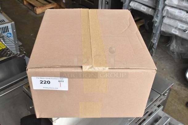 Cardboard box containing a 2023 Knight UMP-300L Warewash Dispenser. New with minor scratches. Label reads: "220 QTY, PCIAuctions.com".