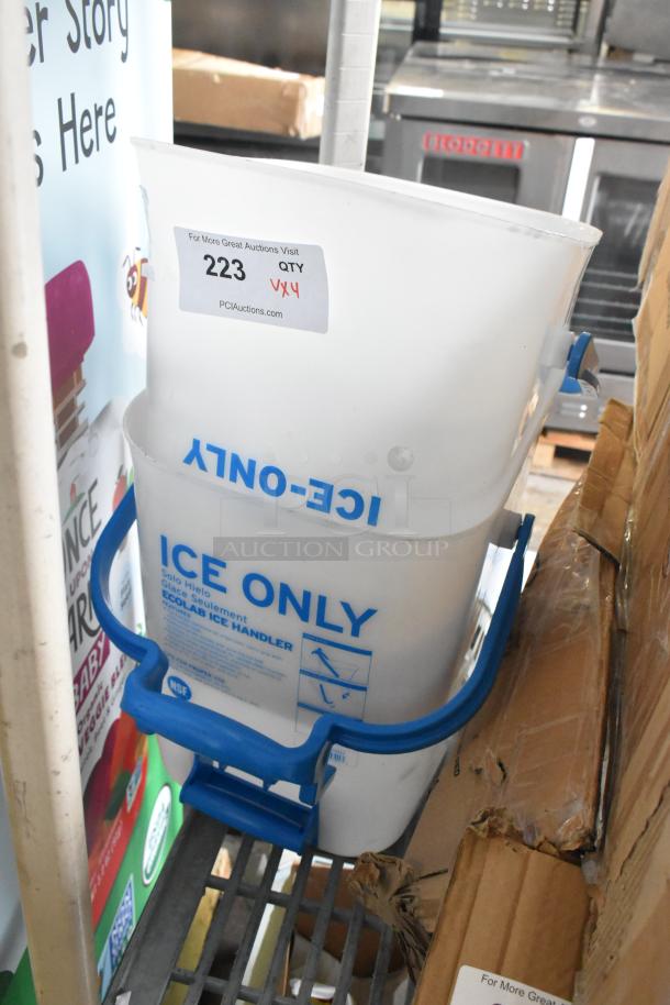 Four items including two Ecolab poly ice buckets with "ICE ONLY" label, blue handles; auction tag QTY 4X.
