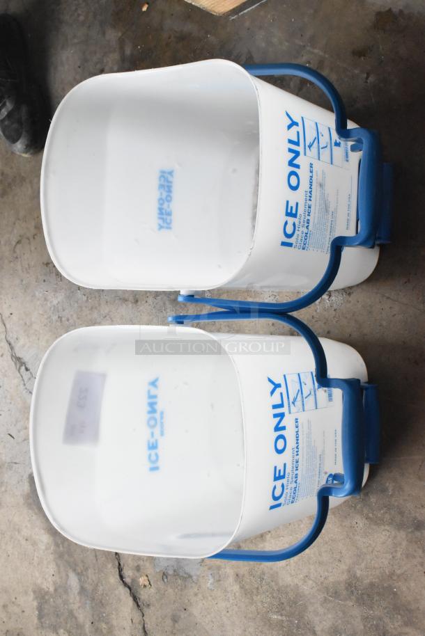 Two white poly ice buckets with blue handles, labeled "ICE ONLY," in good condition, on concrete floor.