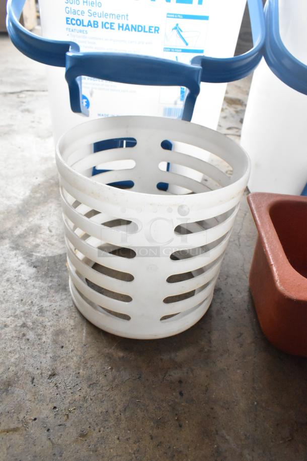 Four mixed items including two white poly ice buckets with blue handles and an Ecolab Ice Handler, on a textured floor.