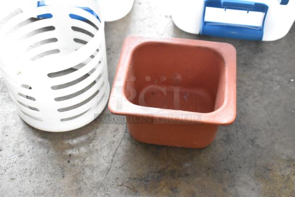 Four various items: two white poly ice buckets, one brown dish, and one plastic basket, on a concrete floor.