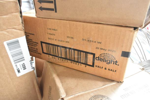 Cardboard box labeled "International Delight Half & Half" with barcode and "Best if used by: 28 May 2025." 