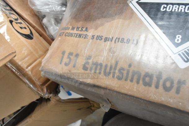 Box labeled "151 Emulsinator" marked "Made in U.S.A.; 5 US gal (18.9 L)," showing slight wear on corner.