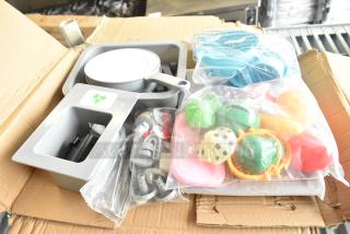 Lot of kids kitchen set accessories including Velcro cut produce, skillet, plastic screws in good condition.