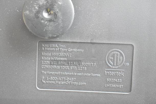 Honeywell HHF360VV2 Heater, 120V, 1 Phase. Label showing model details, ETL certification, and manufacturer info. Made in Vietnam.