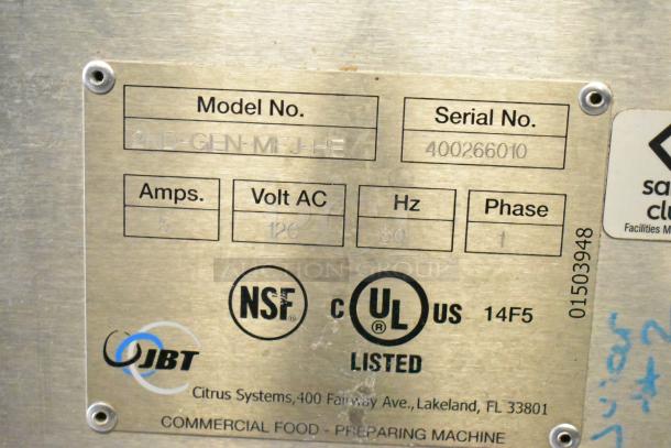JBT 2ND-GEN-MFJ-HE citrus juicer label, model and serial numbers, 120V, 60Hz, 5 Amps, NSF and UL listed.