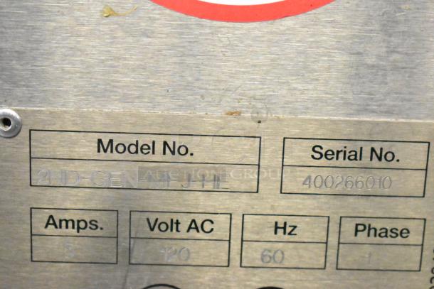 JBT 2ND-GEN-MFJ-HE citrus juicer label showing model, serial number, amps, volt AC, Hz, and phase details.