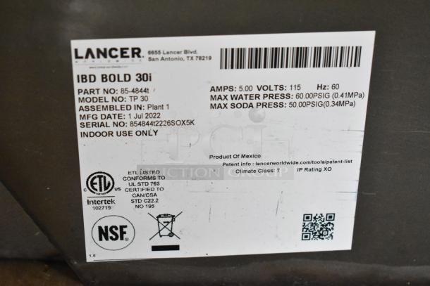 2022 Lancer TP30 beverage dispenser label, showing model, serial number, voltage, pressure limits, and certifications.