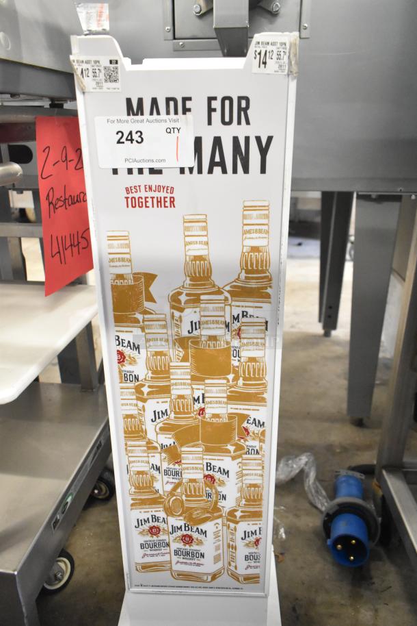 Vintage Jim Beam sign featuring bourbon bottle graphics and "Made for Many" slogan. Good condition, with visible pricing tags.