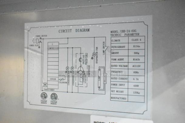Avantco UBB-24-60G cooler circuit diagram showing technical specs: climate class 4, refrigerant R134a, AC115V, 60Hz, 6.3A.