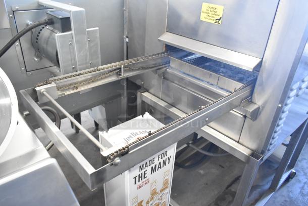 Belshaw Adamatic TG-50 stainless steel thermoglazing station on casters, 208V, 1 phase, commercial quality, clearly marked.