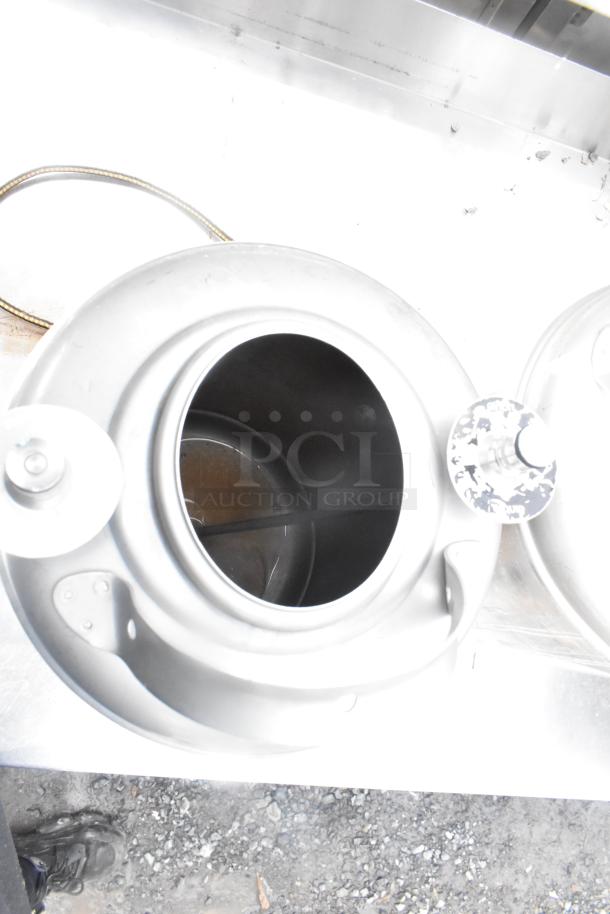 2 metal 3-gallon kegs in good condition, showing open tops and lids. Auction includes two kegs per bid.