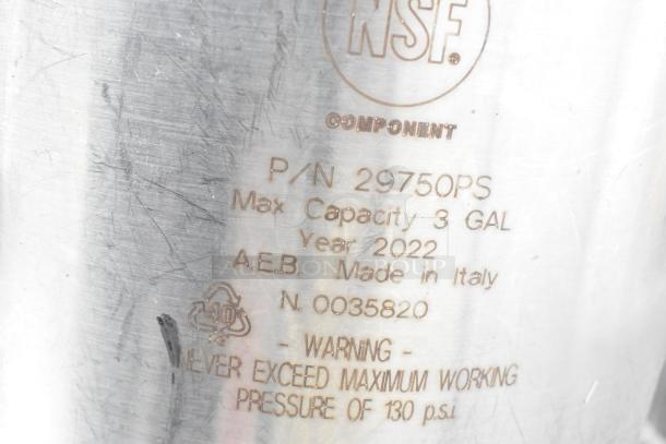 2 Metal 3 Gallon Kegs, A.E.B., Made in Italy, 2022, P/N 29750PS, NSF certified, max 130 psi, new condition.