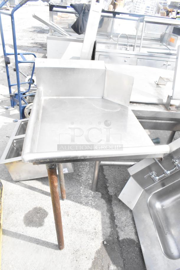 Commercial left side clean dish table, stainless steel, wall-mounted backsplash, metal legs; used condition.
