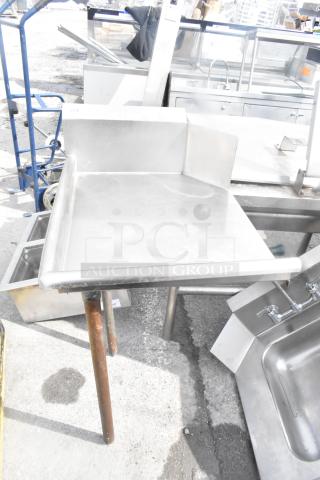 Commercial left side clean dish table, stainless steel, wall-mounted backsplash, metal legs; used condition.