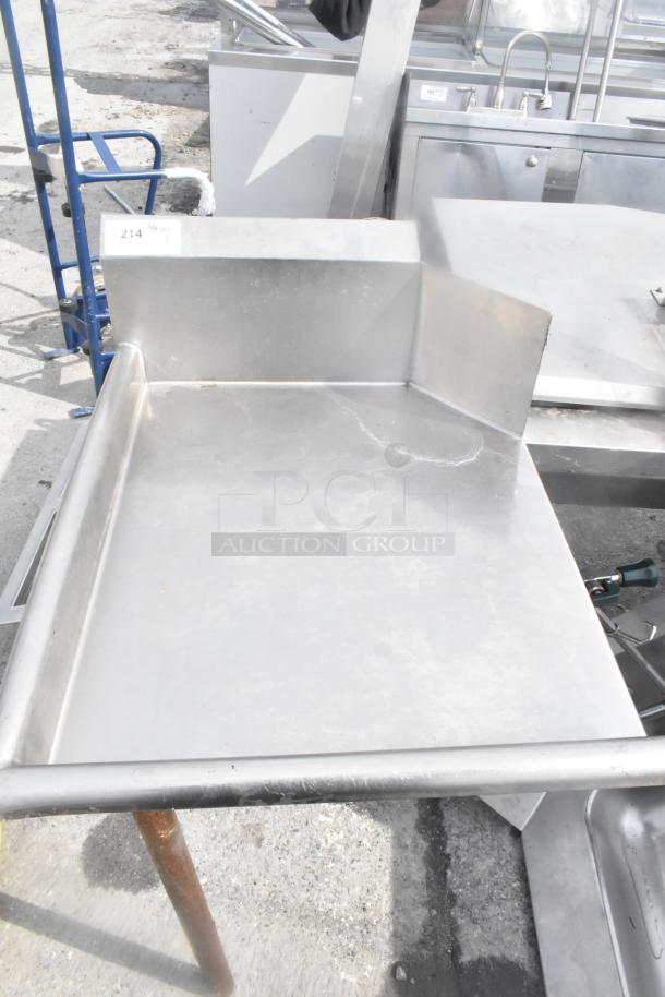 Commercial left side clean dish table, stainless steel, sturdy, good condition, slight wear marks, item tag "214".