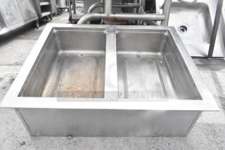 Commercial 2 Well Drop In sink, stainless steel, dual basins with drains, used condition, visible surface wear.