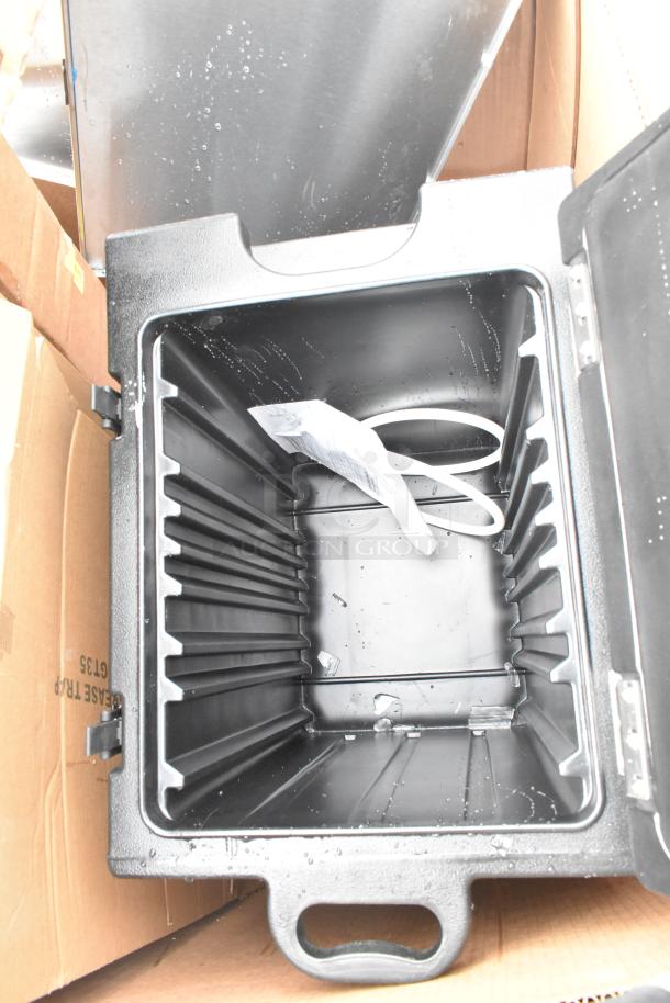 Cambro front load catering case, new condition, interior view showing spacious compartment with handle, ready for use.