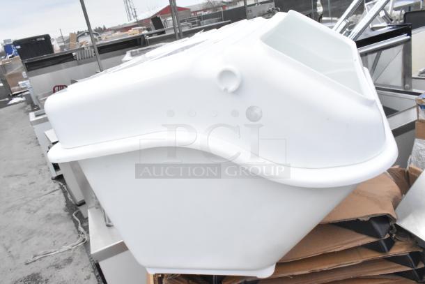 White ingredient bin, new scratch and dent condition, featuring a curved lid and sturdy design, shown atop cardboard.