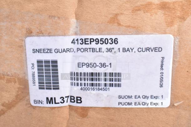 Label on box for sneeze guard, 36", 1 bay, curved, model EP950-36-1, with barcode and bin number ML37BB.