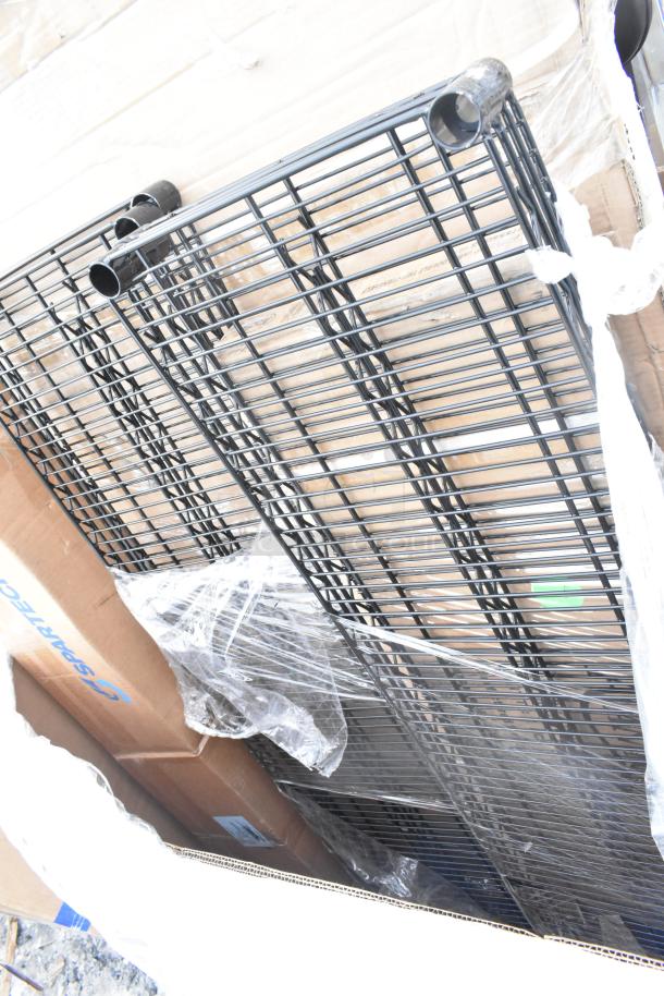 10 new scratch and dent items including metal shelves in packaging, evaporator coil box visible, condition as described.