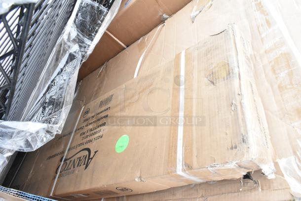 Cardboard boxes containing 10 brand new scratch and dent items, including evaporator coil and shelves, visible wear.
