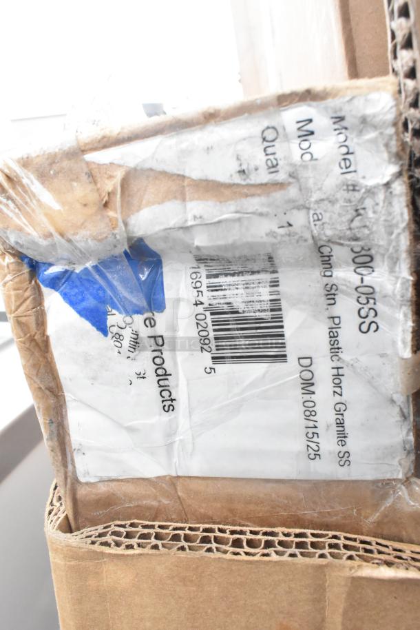 Cardboard box with partially visible label showing model #300-055SS, barcode, and packaging details, indicating a scratch and dent item.