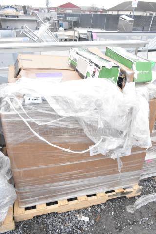 Stack of 10 brand new scratch and dent items on a pallet, including trays and bussing carts, wrapped in plastic.