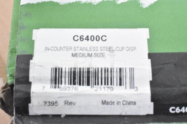 Label on green box showing "C6400C" in-counter stainless steel cup dispenser, medium size, made in China.