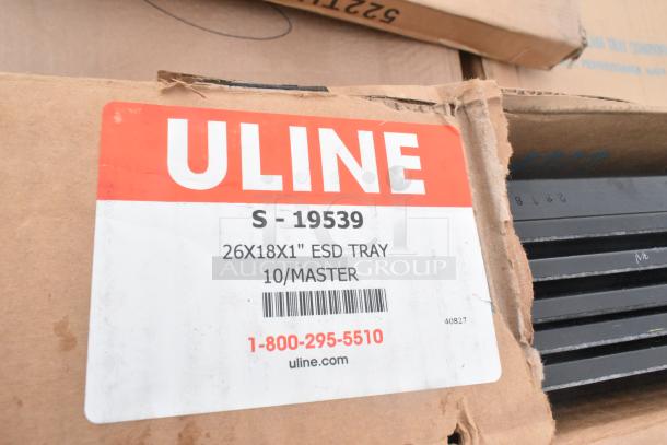 Uline 26x18x1" ESD tray label on cardboard box, model S-19539. Scratch and dent condition, 10 per master.