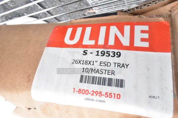 Uline ESD tray label, model S-19539, size 26x18x1 inches, 10 per master. Contact info and barcode visible.