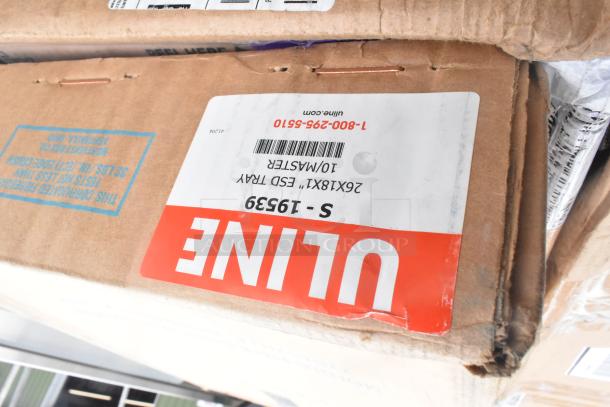 Cardboard box labeled "ULINE" with product code S-19539. Contains 26x18x1 ESD tray. New scratch and dent condition.