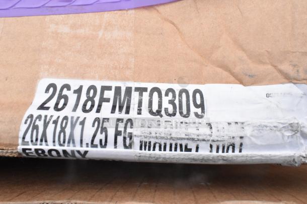 Label on a cardboard box reading "2618FMTQ309, 26X18X1.25 FG EBONY." Item includes trays and bussing carts.